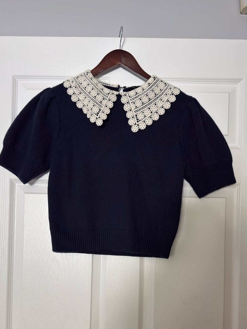 Zara Navy Knit Top with Cream Crochet Peter Pan Collar NWT